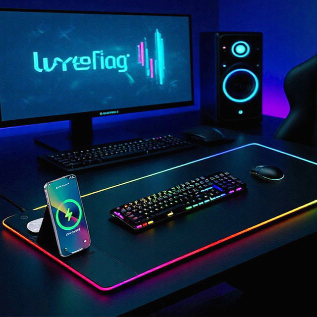 Extra Large Gaming Mouse Pad with 15W Wireless Charger, Non-Slip Rubber Base Computer Keyboard Mat for Men RGB LED Mouse Pad