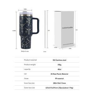 Stainless Steel Tumbler 40oz Laser Bull Head Design <b>Insulated</b> Travel <b>Mug</b> With Handle And Straw - Product Image 3