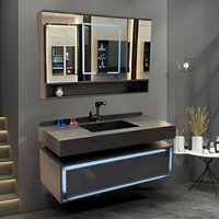 LAKOO Meuble-lavabo mural de luxe minimaliste avec miroir pliant intégré, lavabo en dalle de pierre, sans peinture