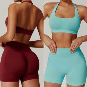 Conjunto de Yoga de 2 Piezas para Mujer, Transpirable, Sin Costuras, Sujetador Deportivo Halter, Shorts de Cintura Alta con Efecto Levanta Glúteos, para Gimnasio, Fitness y Entrenamiento - Product Image 2