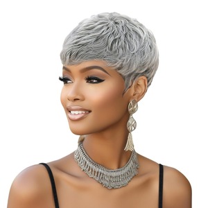 Perruque courte 100 % cheveux humains véritables, fabriquée à la machine, couleur gris grand-mère, pour femmes européennes et américaines - Product Image 4