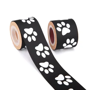 Hot Koop 2 Inch Honden Print Poten Grosgrain Tape Animal Print Lint 50Mm Zwart Polyester Grosgrain Pootafdruk Lint