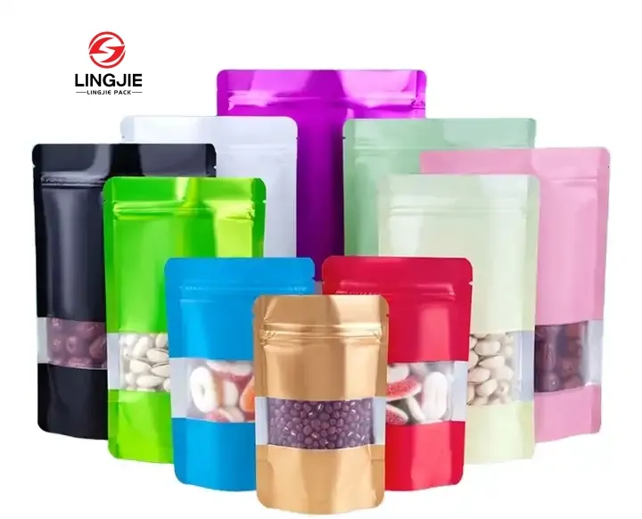 LingJie Colorful Ziplock foglio di alluminio Doypack con finestra sacchetto di imballaggio in plastica personalizzato per Snack noci caramelle biscotto