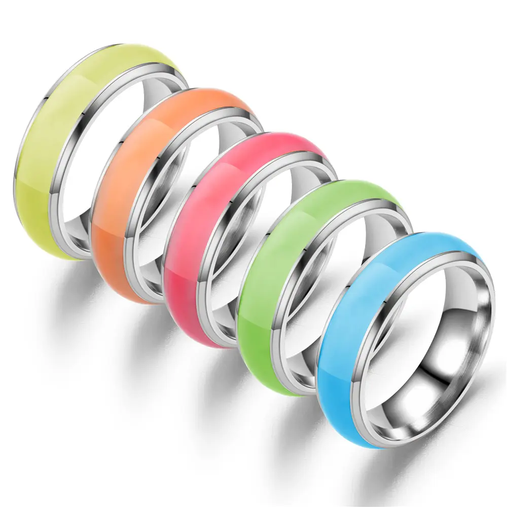 Unisex moda kişilik aydınlık halka toptan 6MM parlayan floresan paslanmaz çelik evlilik yüzüğü çift için