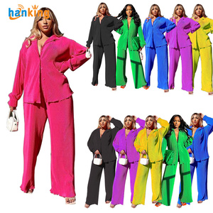 Ehanking Sexy traje sólido de dos piezas trajes de oficina señora manga larga solapa chaqueta abrigo trajes mujeres Casual pantalones de pierna ancha conjunto - Product Image 6