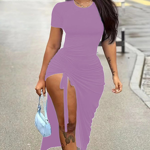 2024 da <span class=keywords><strong>donna</strong></span> Sexy e Slim girocollo tinta unita disegna a fessura pieghettata <span class=keywords><strong>abiti</strong></span> irregolari a maniche corte da <span class=keywords><strong>donna</strong></span> <span class=keywords><strong>eleganti</strong></span> da <span class=keywords><strong>donna</strong></span> - Product Image 6