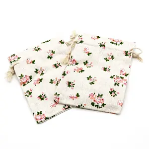 Pembe çiçek tasarımları pamuklu çantalar İpli hediye çantası Muslin çantası kozmetik butik şeker takı ambalaj poşetleri