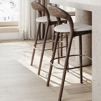 Nordischer Massiver Walnuss-Hocker mit Gebogener Rückenlehne, Baumwollpolsterung und Messingfußstütze für Küche, Café, Zuhause, Büro und Hotel