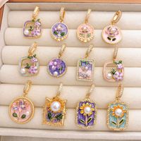 Pendentif Collier Fleur Émaillée Romantique Monet Garden Oil Painting Pearl Charm, Bijou Vintage Français