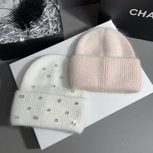 Gorro de lana para mujer, cálido para invierno, tejido grueso con pedrería, cubrecabezas moderno, negro, blanco, rosa, gris - Product Image 4