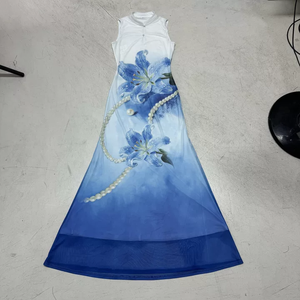Vestido Cheongsam de malla con estampado floral en degradado azul glaciar, vestido largo chino vintage para mujer, vestido maxi de playa para vacaciones - Product Image 6