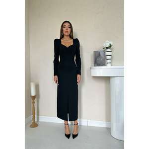 ชุดเดรสผ้าซาตินสีดำหรูหรา ชุดราตรีแขนยาวเอวธรรมชาติ - Product Image 5