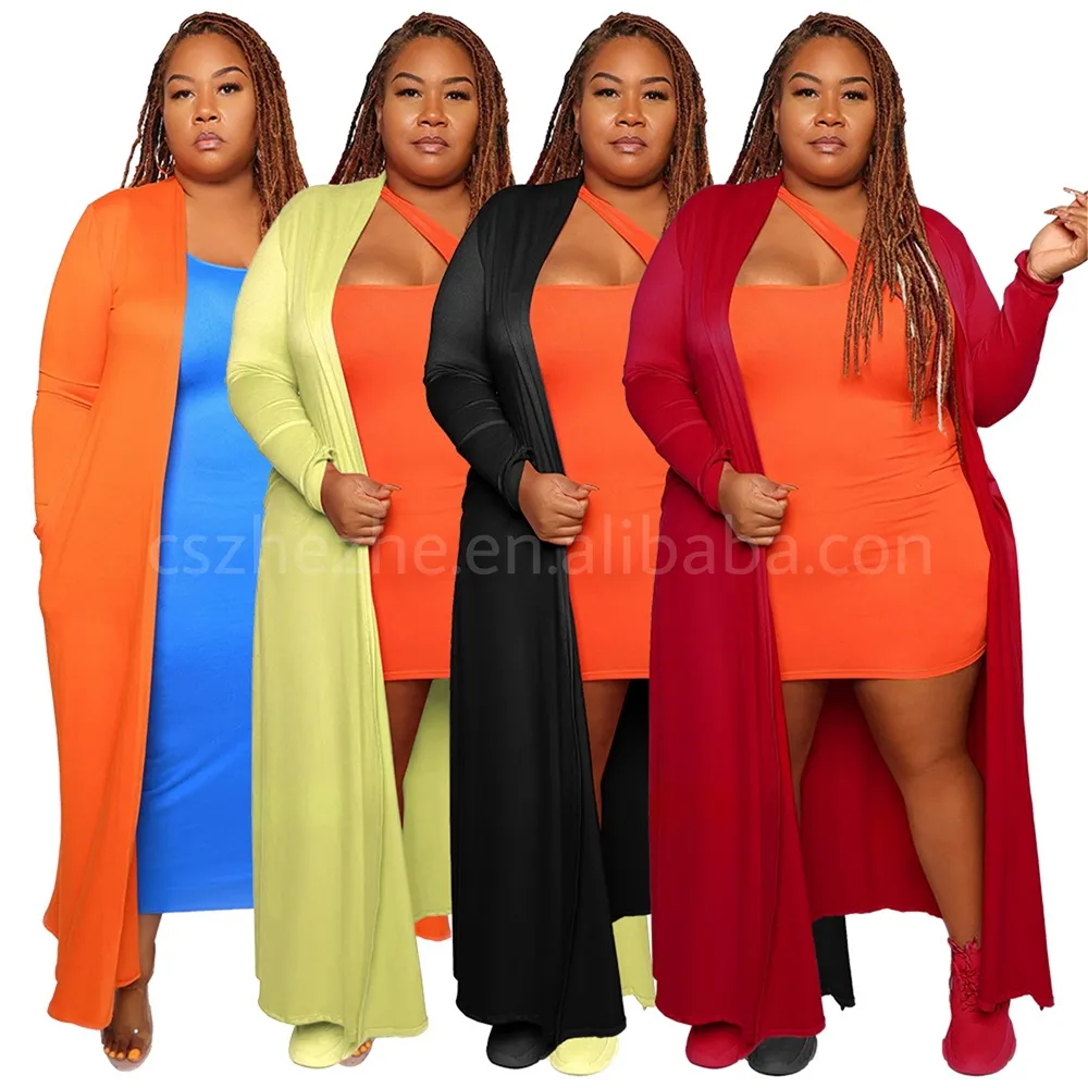 ZHEZHE Plus Size Women Clothing Solid Color 2023 Fall Fashion Long Sleeve Cardigan Women Maxi Coats With Pockets