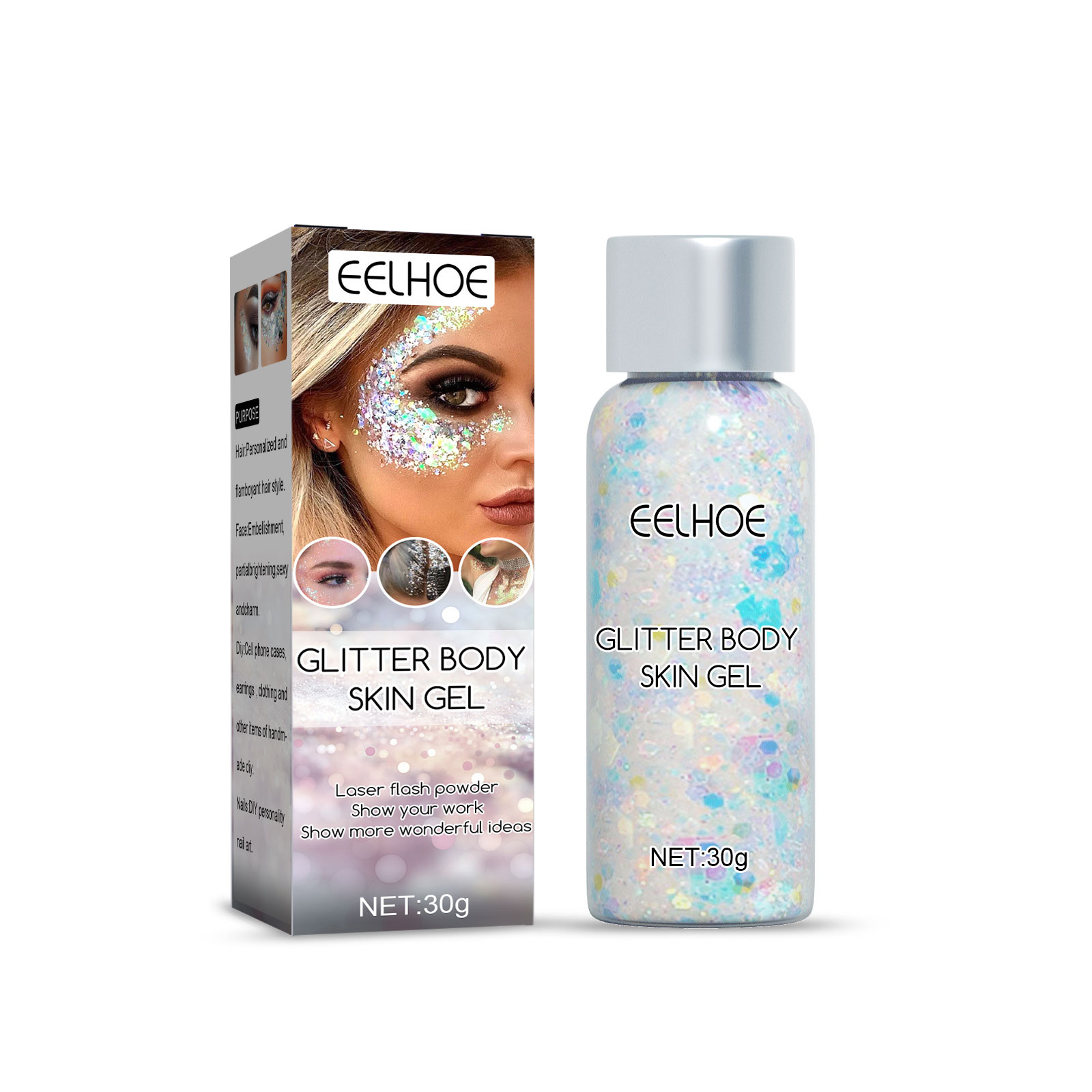 EELHOE Shining White Body Skin Gel Fish Scale Sequin Gel for Stage Performance Makeup Eyeshadow Props Body Glitter