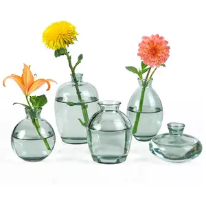 5pcs Pequeno Vidro Vaso Verde Bud Vaso Set Flores Vasos para Prateleira Decoração Estética Wedding Table Centerpieces
