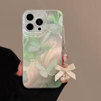 Coque de téléphone Papillon Dégradé Vert, Housse Texture Fil avec Cordon Perlé pour iPhone 12/13 Pro Max/16/17
