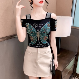 Luxury Diamond Breathable <strong>Mesh</strong> Women <strong>Tops</strong> Shinny <strong>Rhinestone</strong> Butterfly T Shirts in the Magic of Believe Out off Shoulder T-shirt - Product Image 5