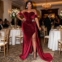 Robe de soirée sirène en velours bordeaux grande taille, épaules dénudées, fente latérale, avec pompons, pour soirée formelle