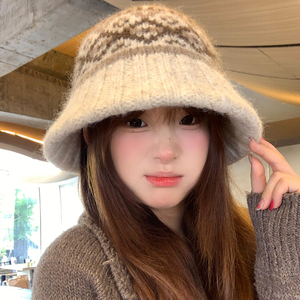 Fall Island Knitted <b>Wool</b> Bucket Hat For Women Winter Warm Windproof Ethnic Style Gray Khaki Light <b>Brown</b> Black Red - Product Image 1