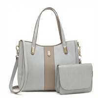 Set Tas Tote 2-in-1 Wanita Custom Logo Grosir - Tas Tangan Kulit PU Gelap dengan Tali Kontras Beige & Kantong Resleting Senada