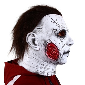 Masque intégral en latex craquelé demi-jaune demi-blanc, cheveux foncés, cicatrice sanglante, drôle, original, tendance, pour Halloween, cosplay, fête - Product Image 3