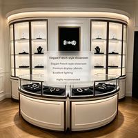 Vitrine à bijoux en verre incurvé avec éclairage LED, comptoir de présentation personnalisé pour la vente au détail, présentoir de magasin durable en verre feuilleté