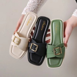 Women's Summer Square Toe <b>Slide</b> Slippers Buckle Flat Sandals Open Toe Casual Beach Shoes - Product Image 4