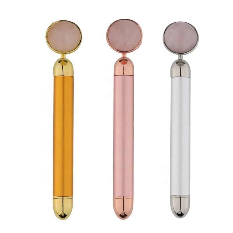 Benutzer definiertes Logo 24 Karat Gold Beauty Bar Haut lifting Augen massage Vibrierende rosa Quarz elektrische Jade Roller