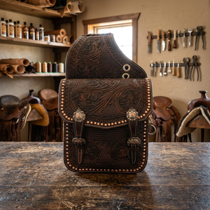 Handtooled Customised Genuine Leather Saddle <b>Bag</b> Handcarved Western Horse Motorcycle Personalised Logo - Product Image 3
