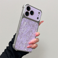 Funda de Teléfono Original Convertida de Concha Marina para iPhone 17 16 15 Pro Max, Marco de Lente con Efecto Láser Mármol, Cubierta Trasera con Textura Iridiscente de Concha