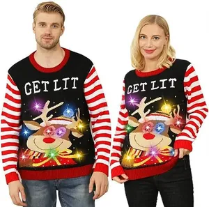 2024 Factory Custom Pullover Knitted Acrylic Funny Cartoon Party Singing Light Up Christmas Sweater Jumper With Music