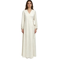 Robe longue décontractée pour femme, en mélange coton-lin, col en V, manches longues, avec ceinture à nouer, coupe trapèze, unie, style modeste musulman, idéale pour le bureau et le quotidien
