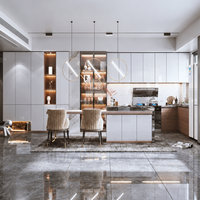 Meubles de cuisine modernes de luxe sur mesure avec îlot, table à manger, comptoir aspect marbre, rangement, sans poignées, ensemble complet