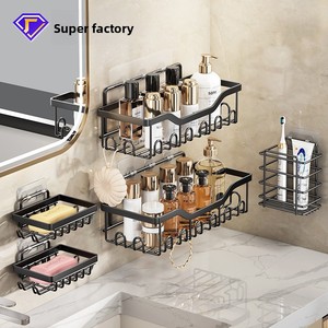Ensemble d'étagères de salle de bain trois pièces en acier au carbone peint, support de rangement mural sans perçage pour <span class=keywords><strong>savon</strong></span> et gel douche - Product Image 2