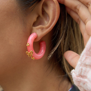 Hoop Earrings Resin Coral Color Gold Bowknot Design Stainless Steel Post Fashion Jewelry - Product Image 2