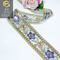 LEIXUSI 4cm Dentelle florale soluble dans l'eau, style ethnique, broderie à cordon de sequins, garniture en dentelle tissée avec fil doré pour accessoires vestimentaires