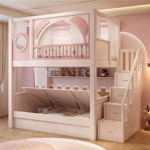 Cama litera de madera maciza para dormitorio de niñas JS, muebles modernos y duraderos con tobogán, escalera con armario y diseño de almacenamiento con doble cajón - Product Image 3