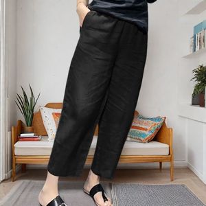 Purple Wide Leg Linen Pants Elastic Waist Cropped Casual Women's Pants Breathable Summer Style - Product Image 5