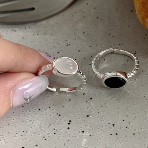 S925 Pure Silver Ellipse Black Agate White Chalcedony <b>Ring</b> Women Geometric Bezel Setting Everyday Wear <b>Opening</b> Design - Product Image 5
