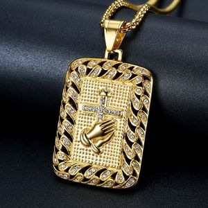 Hip Hop Gold Plated Buddha Hand Cross Pendant Necklace With Diamond Inlay For Everyday Wear - Product Image 1
