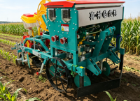 Semoir multifonctionnel à maïs une filmée deux rangs avec moteur, boîte de vitesses et irrigation goutte à goutte intégrée pour la plantation en terres arides