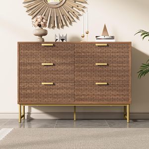 Cómoda Moderna de 6 Cajones con Patrón Geométrico en Relieve, Tiradores Metálicos Dorados, Patas y Estructura de Aglomerado, para Dormitorio, Sala de Estar o Entrada - Product Image 3