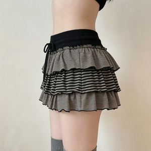 Women's Striped Ruffled Ruched Dropped Elastic Waist Y2K Style Knit Mini Skirt Summer Casual Trendy - Product Image 4
