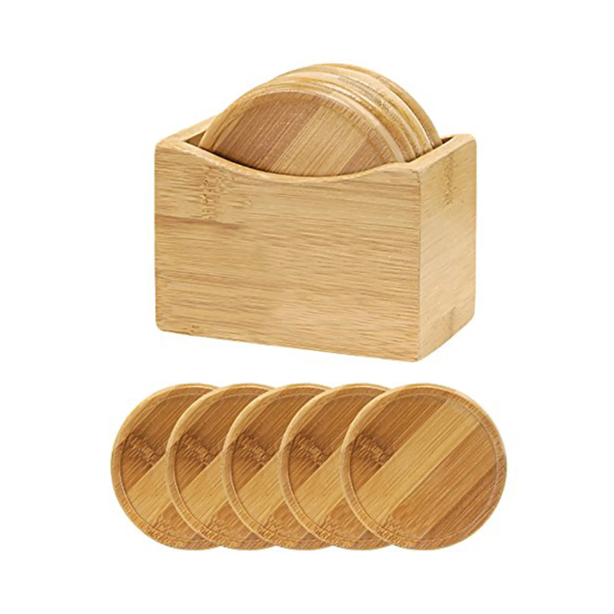 Eco amigável atacado 100% madeira redonda natural conjunto de 5 peças de tapetes de mesa com tigela de vinho e café e chá com caixa de bambu