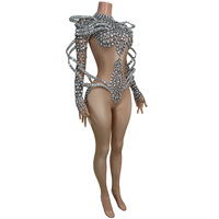 Combinaison sexy pour femme, style extraterrestre futuriste, ornée de strass, à manches longues, en spandex moulant, pour spectacle de club et scène