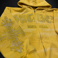 Yingling Sweat à capuche zippé en coton vintage, brodé avec appliqué, ourlet brut, effet délavé, coupe courte, personnalisable OEM ODM, unisexe