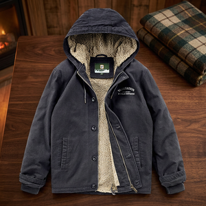 Winter Men's Bomber <b>Jacket</b> Streetwear Style Hooded <b>Fleece</b>-<b>Lined</b> Thickened Plus Size Workwear Heart Pattern Discharge Printed - Product Image 2