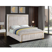Cabecero alto blanco y negro, marco de cama de terciopelo con mechones cromados, cama doble King Doble