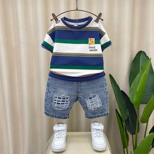 2025 <strong>Kids</strong> <strong>Boy</strong> Summer Clothes Set Striped Green White T-shirt + Distressed Denim <strong>Shorts</strong> 2 Pcs <strong>Boy</strong> Set - Product Image 6
