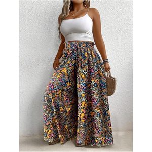 Pantalon palazzo fluide grande taille pour femme, motif floral, coupe large, taille haute, style bohème, idéal pour les vacances d'été et les croisières - Product Image 4